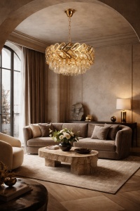 Lustră aurie modernă cu cristale și design geometric suspendată într-un living elegant.