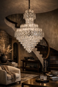 Lustra suspendata cu cristale in cascada, design elegant pentru living