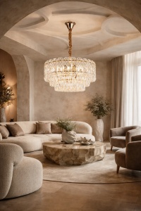 Candelabru elegant cu cristale aurii în multiple straturi, perfect pentru iluminat de lux în living, dining sau dormitor