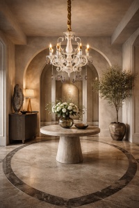 Candelabru elegant alb cu cristale și brațe ornamentale, perfect pentru un iluminat clasic și rafinat în living sau dining
