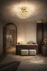 Plafonieră modernă tip glob, design dandelion, cu structură aurie și cristale decorative