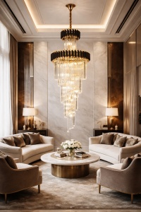 Candelabru cascadă cu cristale, lustră suspendată de lux pentru living cu tavan înalt