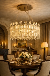 Candelabru elegant cu cristale transparente dispuse în trepte și structură metalică cromată