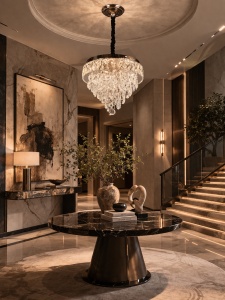 Candelabru modern cu cristale în formă de piramidă inversată, suspendat într-un living elegant