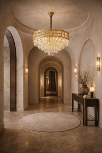 Candelabru elegant auriu cu cristale tip picătură, design în trepte pentru iluminat de lux