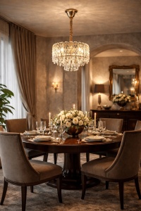 Candelabru elegant cu cristale fațetate și finisaj auriu, perfect pentru living, dormitor sau spații rafinate