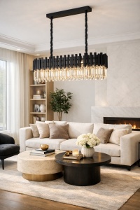 Candelabru modern negru cu cristale, design dreptunghiular