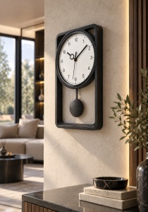 Ceas De Perete Silențios Cu Pendul si Design Geometric - "Zevron" - Img 3