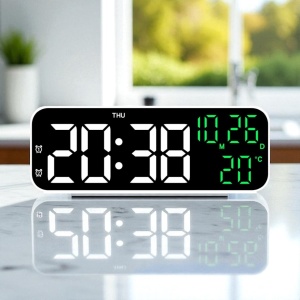 Ceas digital electronic cu afișaj LED alb, funcții dată, ziua săptămânii și temperatură, ideal pentru birou
