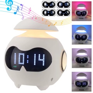 Ceas digital interactiv cu animații faciale, alarmă, Bluetooth și boxă integrată, design modern pentru birou sau casă