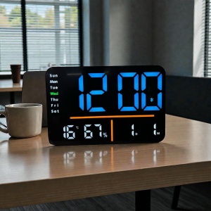 Ceas digital cu afișaj LED albastru, Bluetooth, temperatură, umiditate și ziua săptămânii, design modern pentru interior