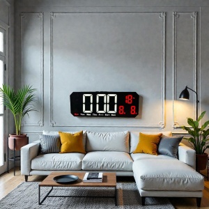 Ceas digital cu afișaj LED și colțuri teșite, temperatură, dată și ziua săptămânii, design modern pentru interior
