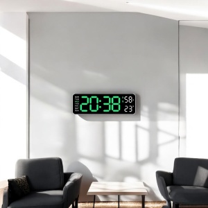 Ceas digital cu afișaj LED verde, umiditate, temperatură și ziua săptămânii, pentru masă sau perete, design modern