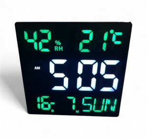 Ceas digital modern cu LED alb-verde, dată, ziua săptămânii, temperatură și umiditate, perfect pentru living sau birou