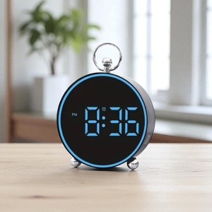 Ceas digital rotund cu afișaj LED albastru și design modern, ideal pentru birou sau dormitor