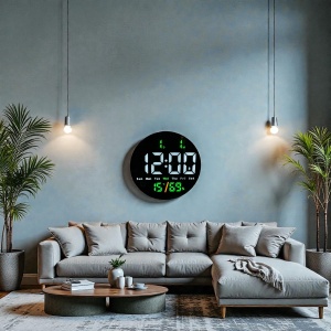 Ceas digital rotund cu afișaj LED alb, temperatură, umiditate și ziua săptămânii, design modern pentru interior.