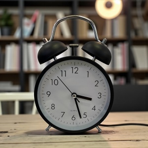ceas de masă negru cu dublu clopot metalic, design retro elegant, cifre negre mari și alarma, ideal pentru dormitor sau birou