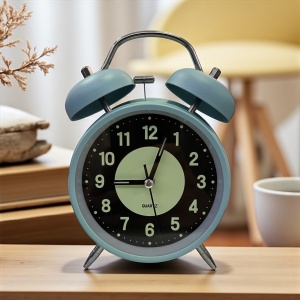 ceas masa albastru cu clopotel si fosfor , cu alarma , pentru dormitor , birou