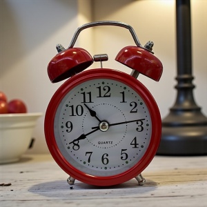 ceas de masă rosu cu dublu clopot metalic, design retro elegant, cifre negre mari și alarma, ideal pentru dormitor sau birou