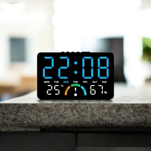Ceas digital cu afișaj LED albastru, temperatură, umiditate, ziua săptămânii și funcție alarmă, design modern pentru interior