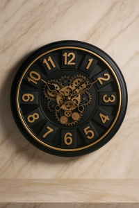 Ceas decorativ rotund cu mecanisme expuse, stil vintage-industrial