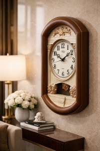 Ceas de perete vintage cu pendul decorativ, design clasic cu cadran mare și elemente ornamentale elegante pentru decor interior
