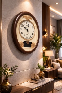 Ceas de perete oval cu design clasic, cifre arabe mari și elemente decorative în relief