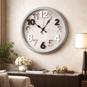 Ceas de perete modern gri cu cifre mari 3D si design minimalist