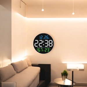 Ceas digital de perete cu afișaj LED, lumină ambientală în jurul cadranului, telecomandă, temperatură și umiditate