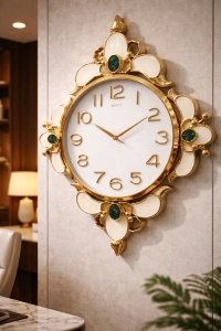 Ceas de perete modern alb cu detalii aurii si model decorativ elegant