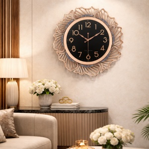Ceas de perete modern negru cu design floral metalic rose gold