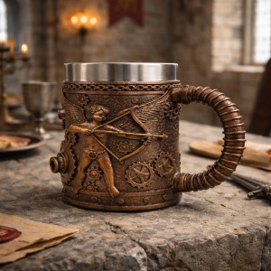Cana decorativa steampunk cu inger arcas si roti dintate, model vintage bronz