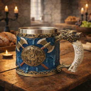 Cana decorativa vikinga cu cap de dragon si scut nordic, model medieval fantasy albastru