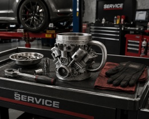 Cana decorativa model motor V8 argintiu, cana tematica auto cu design 3D