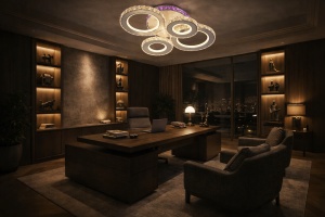 Lustră LED modernă cu cercuri cristaline și efect decorativ violet, perfectă pentru dormitoare elegante