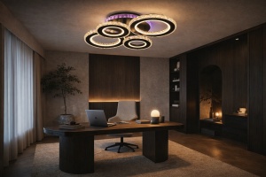 Lustră LED modernă cu cercuri luminoase și efect decorativ mov, perfectă pentru living sau dormitor