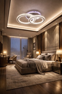 Lustră LED modernă cu cercuri luminoase și accente mov, ideală pentru dormitoare elegante și spații contemporane