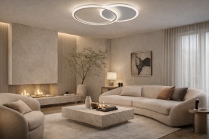 Lustră LED modernă cu design în cercuri împletite, ideală pentru dormitoare și livinguri elegante, oferind lumină uniformă și un aspect minimalist