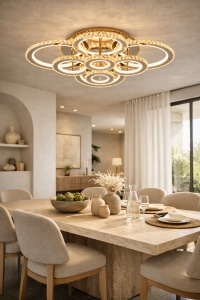 Lustra LED elegantă cu inele iluminante și efect strălucitor, perfectă pentru un ambient modern și rafinat