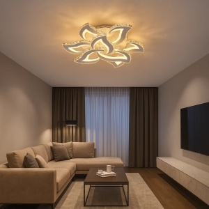 Lustră LED modernă în formă de floare, perfectă pentru living datorită designului decorativ și luminii calde uniforme