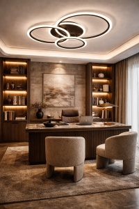 Lustră LED modernă cu design în cercuri împletite, ideală pentru dormitoare și livinguri elegante, oferind lumină uniformă și un aspect minimalist