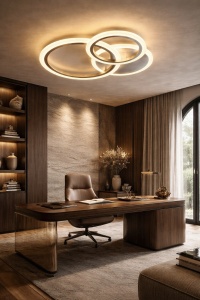 Lustră LED modernă cu design în cercuri împletite, ideală pentru dormitoare și livinguri elegante, oferind lumină uniformă și un aspect minimalist