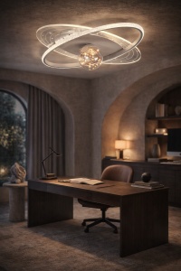 Plafonieră LED modernă cu design astral, cercuri iluminate și glob decorativ cristalin, stil contemporan