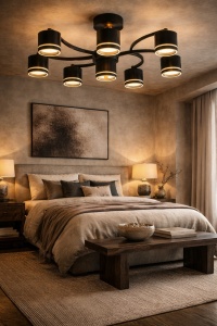 Plafonieră LED modernă cu design ondulat și spoturi rotunde orientabile, finisaj negru elegant