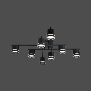 Plafonieră LED modernă cu spoturi direcționabile, design negru mat și accente circulare luminoase