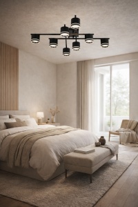 Plafonieră LED modernă cu spoturi direcționabile, design negru mat și accente circulare luminoase