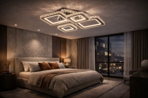 Lustră LED modernă cu rame pătrate cristaline și lumină RGB, ideală pentru un living elegant și contemporan