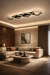 Plafonieră LED modernă cu patru rame geometrice negre iluminate, dispuse în linie