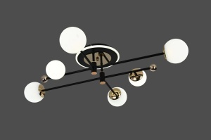 Lustră modernă cu șase globuri luminoase și structură metalică neagră