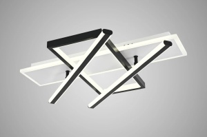 Lustră LED modernă cu elemente liniare și rame geometrice în nuanțe de negru și alb, cu iluminare caldă integrată